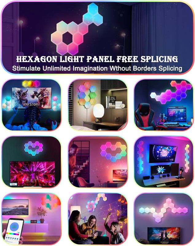 6 Pack Hexagon LED Wall Lights, Smart RGB Honeycomb Lights with APP & Voice Control, Music Sync Modular LED Panels for Gaming Room, Bedroom & Home Theater Decor