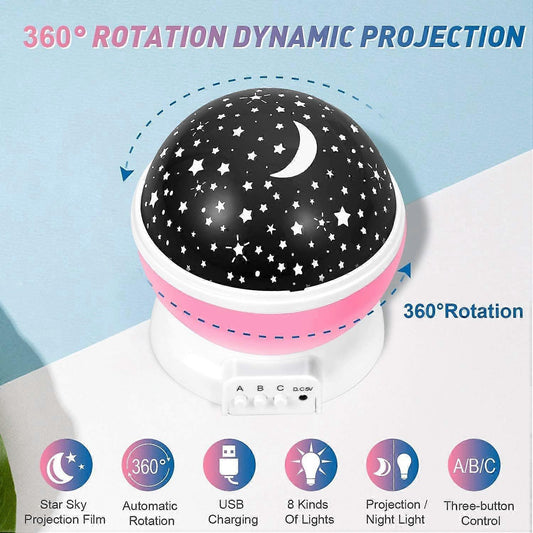 Babies Night Light Moon Star Projector - USB Cable 360 Degree Rotation Romantic Night Lighting LED Night Light for Decoration (Pink)