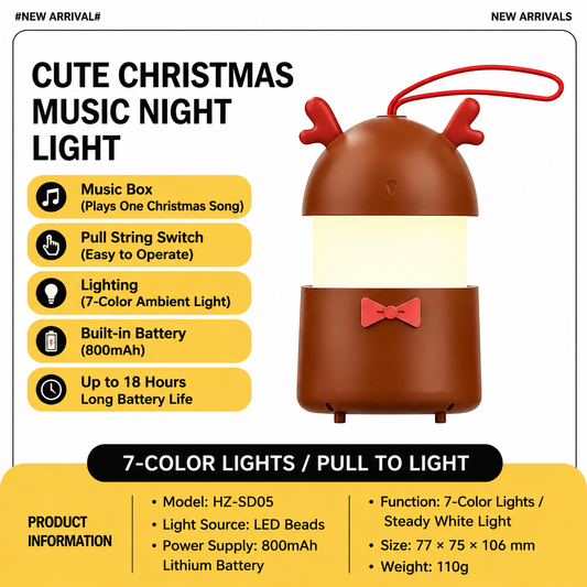 Christmas Music LED Night Light Lantern, Rechargeable with Warm White & 7-Color Changing Lights, Santa Reindeer Christmas Tree Design for Holiday Decor, Kids Bedroom, Party Ambiance Gift – 1 Piece or 3 Pieces Set (Reindeer (1PCS))