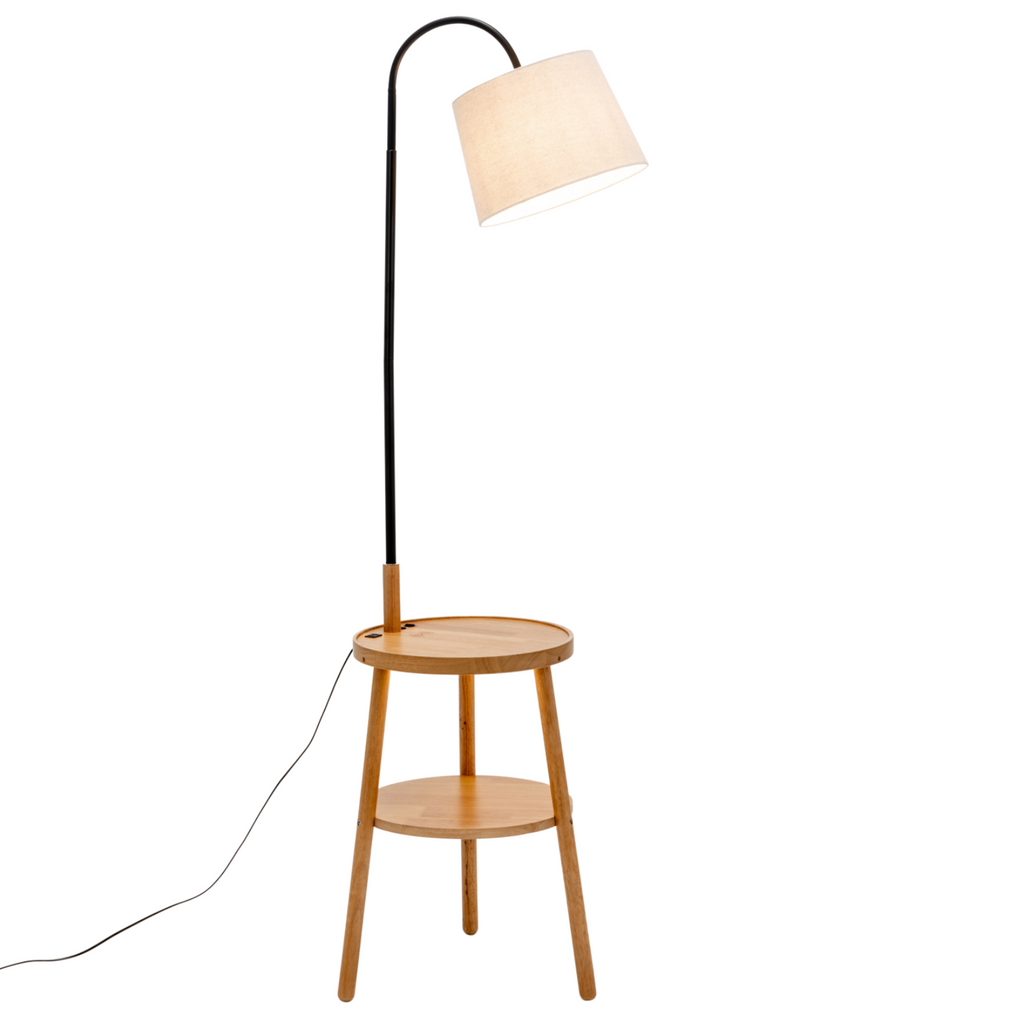 Naples Tripod Floor Lamp Shelf Storage Drawer Bed Side Table Light w/ USB Charger