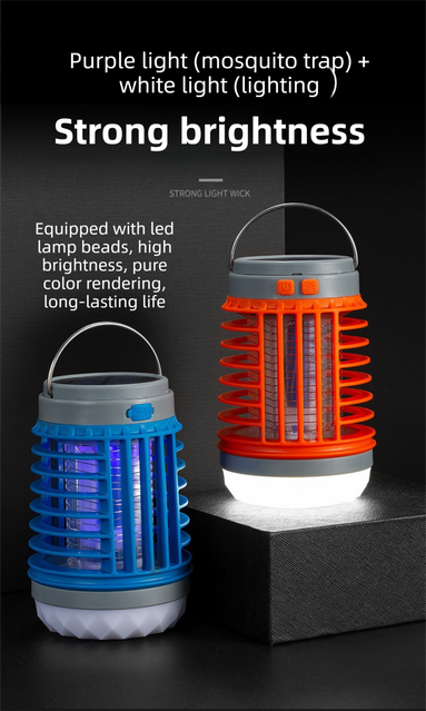 Blue 2-in-1 Cordless Flashlight & Zapper Lantern - Solar / USB Charging, 360° High Voltage Grid and Hanging Hook - Waterproof Mosquito Killer & 4-Mode Camping Light for Outdoor, Home & Patio