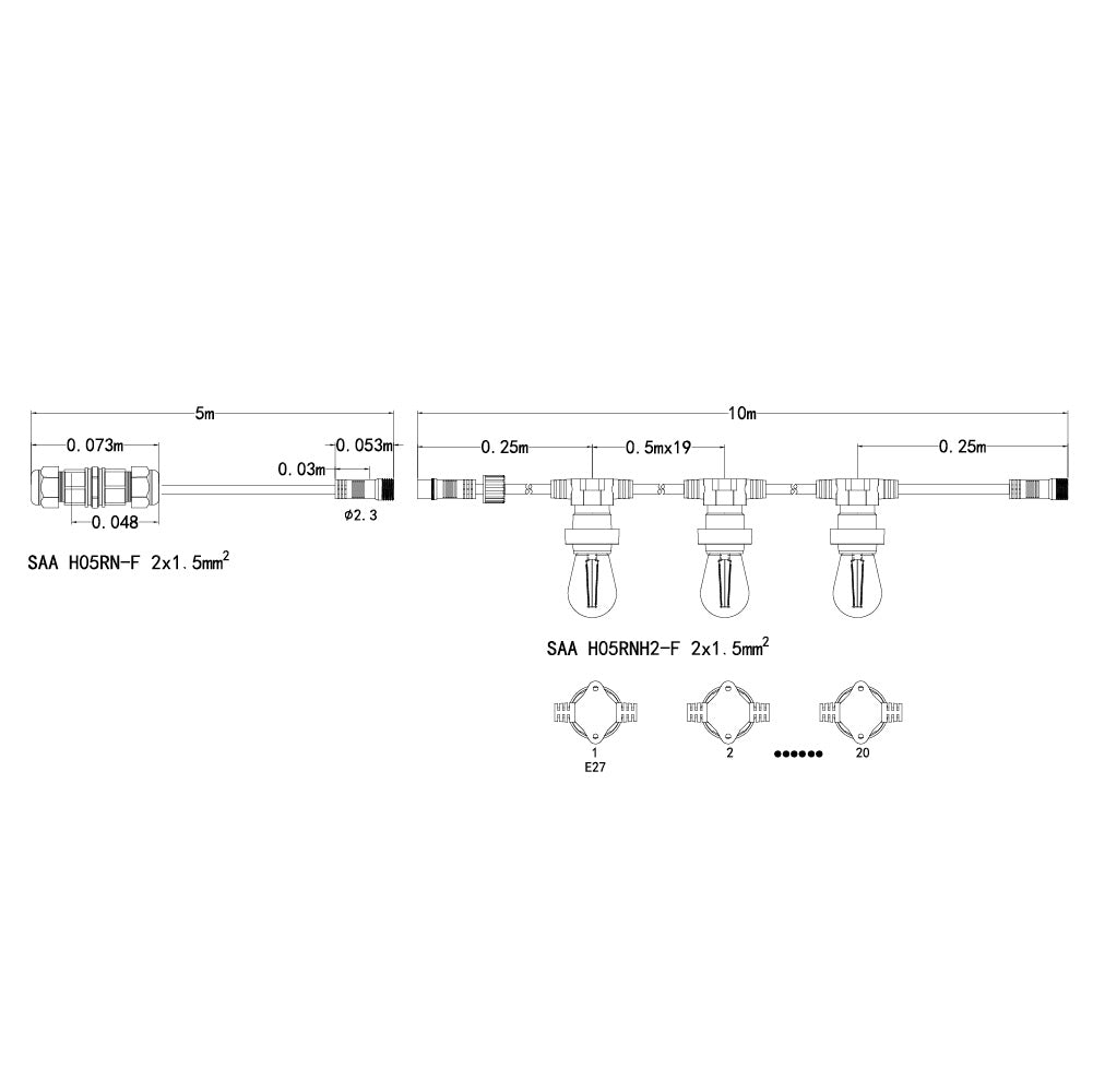 Dimmable Low Voltage 10M LED Festoon Kit at 50 cm intervals-Festoon String-Liquidleds