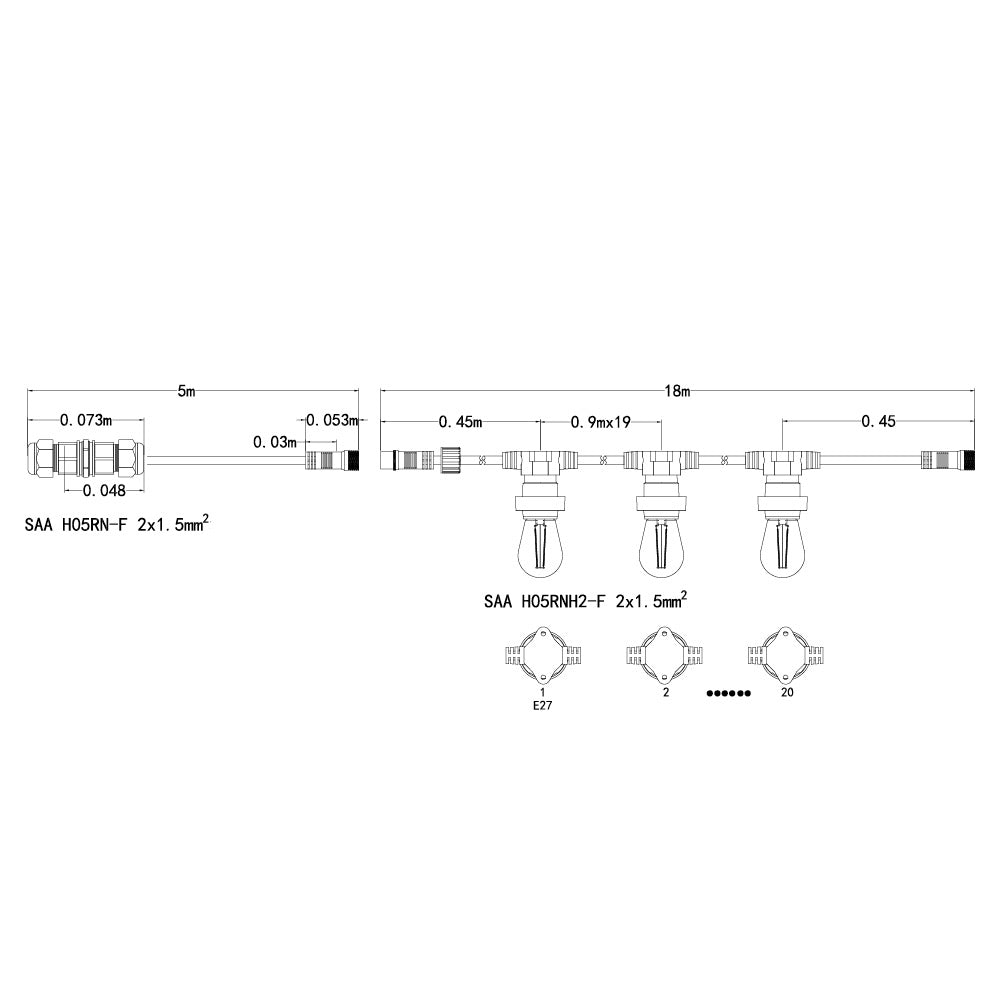 Dimmable Low Voltage 18M LED Festoon Kit at 90 cm intervals-Festoon String-Liquidleds