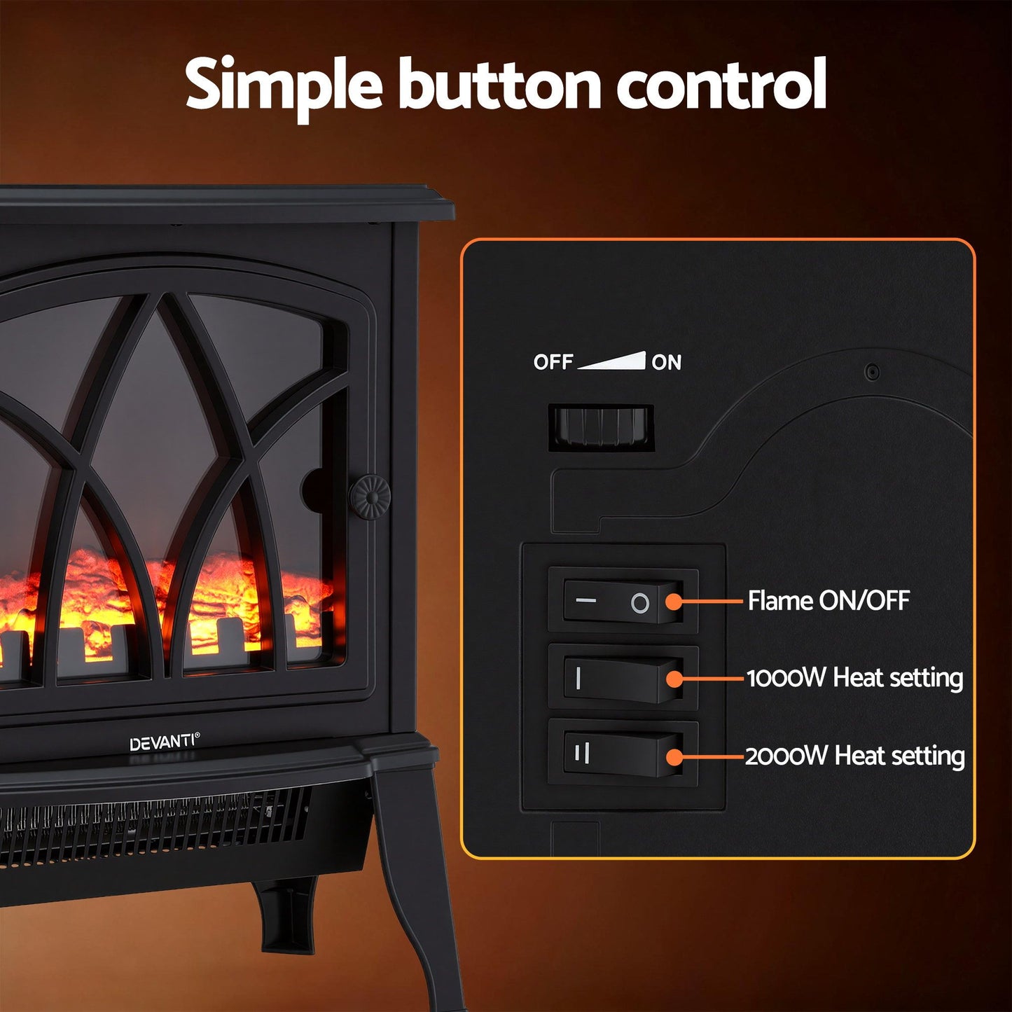 Devanti 2000W Electric Fireplace Heater Stove Freestanding 3D Flame Effect Indoor Space Heaters