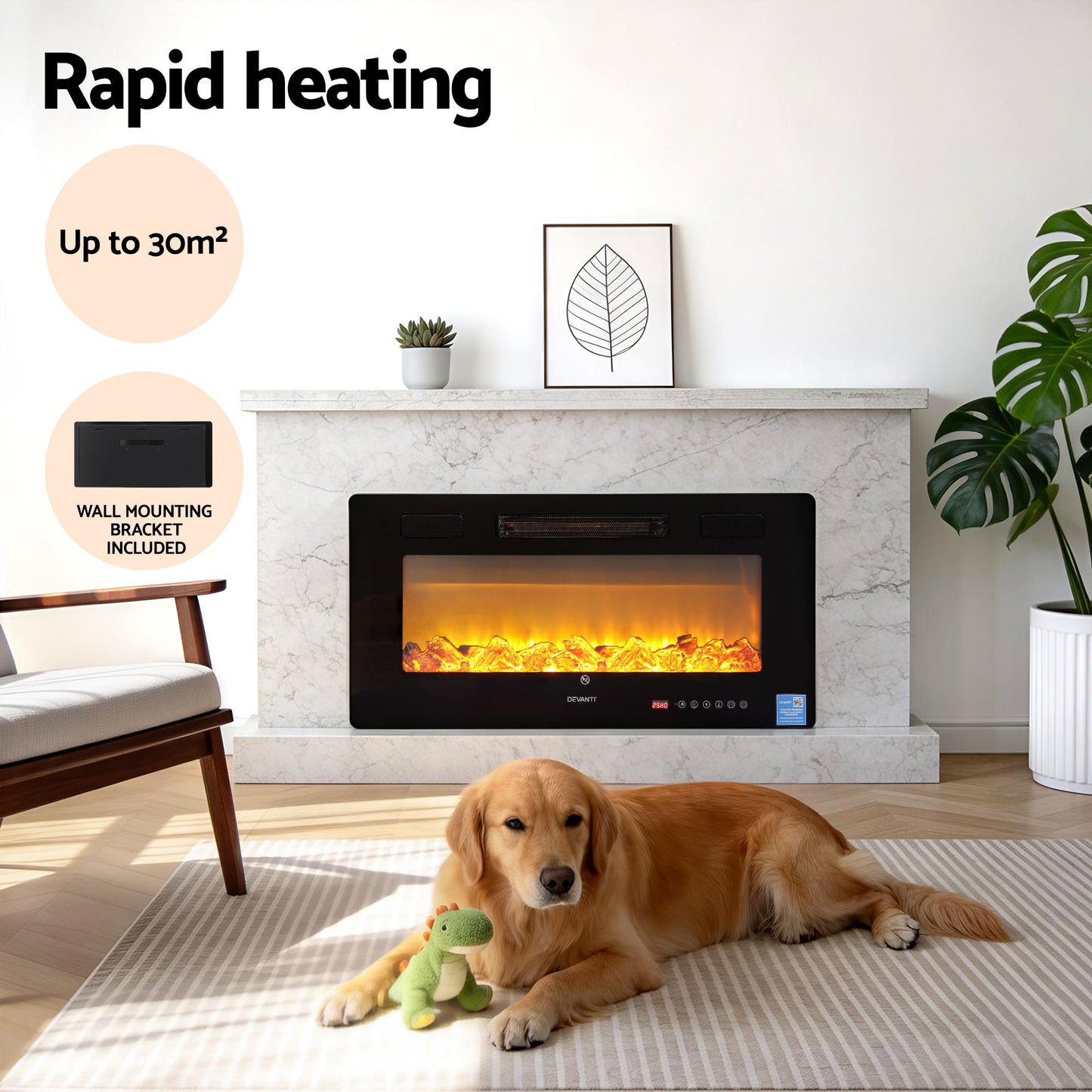 Devanti Electric Fireplace Fire Heater Wall Mounted Insert 3D Flame 1800W Remote Control