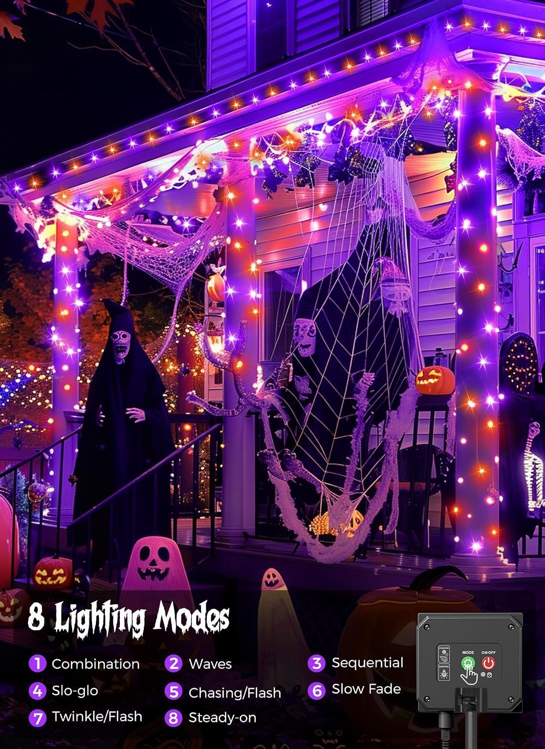 Solar String Lights Outdoor Waterproof, LED Outdoor Light | Solar Fairy Lights with 8 Lighting Modes, IP65 Waterproof Solar Christmas Halloween Lights for Outdoor Outside Tree Patio - Orange Purple - Size 72ft 200-LED String Light