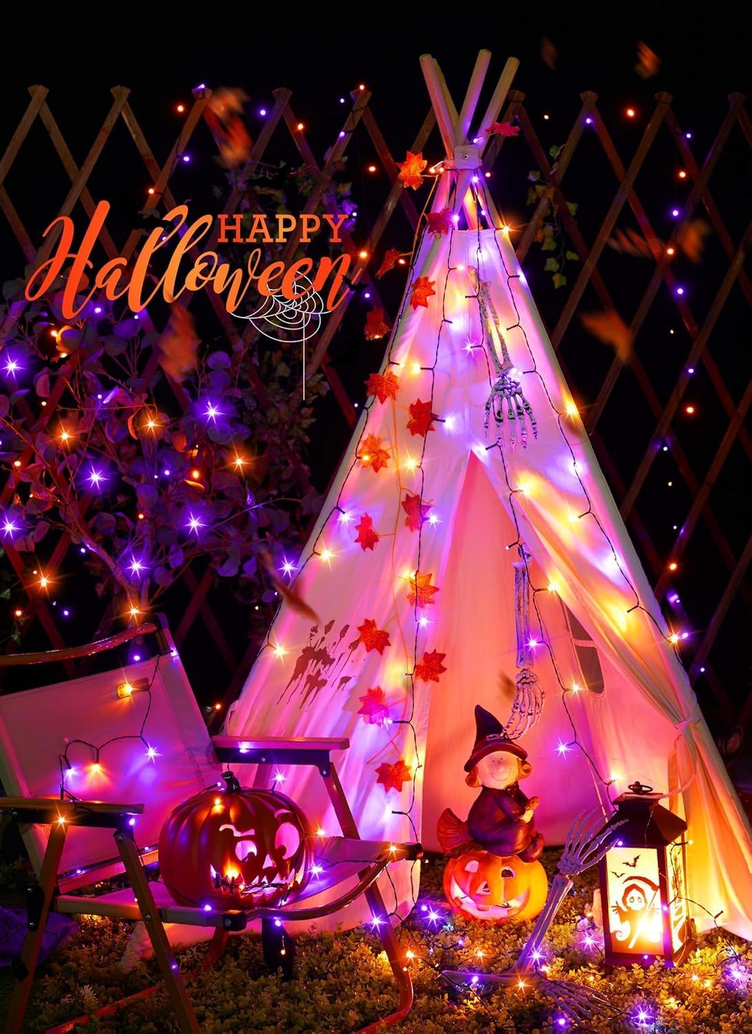 Solar String Lights Outdoor Waterproof, LED Outdoor Light | Solar Fairy Lights with 8 Lighting Modes, IP65 Waterproof Solar Christmas Halloween Lights for Outdoor Outside Tree Patio - Orange Purple - Size 105ft 300-LED String Light