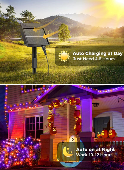 Solar String Lights Outdoor Waterproof, LED Outdoor Light | Solar Fairy Lights with 8 Lighting Modes, IP65 Waterproof Solar Christmas Halloween Lights for Outdoor Outside Tree Patio - Orange Purple - Size 105ft 300-LED String Light