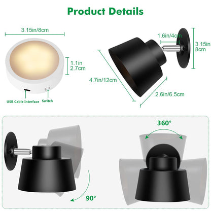 Night Light Wireless Wall Light Indoor LED 2 Pack,Battery Operated Wall Lights Rechargeable Lamp with Remote,Touch Lamp Dimmable Wall Sconces Bedside Lamp for Bedroom Livingroom (Black, 2Pack) [Energy Class E]