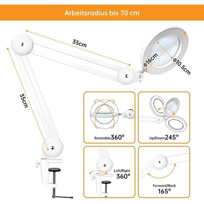 Magnifying Lamp, Work Light - With 105Mm 5 Diopter Glass Lens, Metal Clamp, Swivel Arm, 3 Color Mode Dimmable Lights 16
