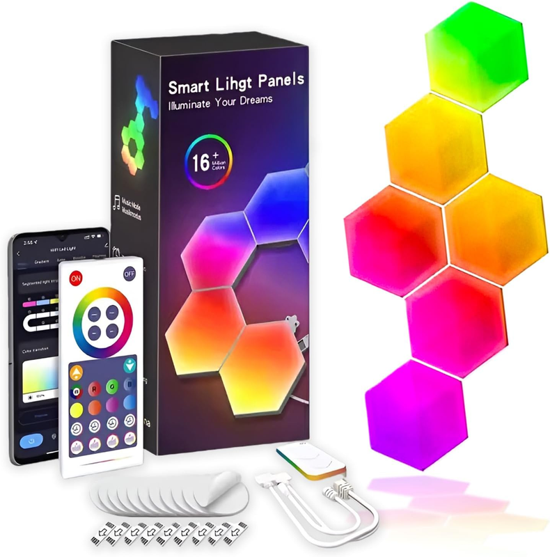 6 Pack Hexagon LED Wall Lights, Smart RGB Honeycomb Lights with APP & Voice Control, Music Sync Modular LED Panels for Gaming Room, Bedroom & Home Theater Decor