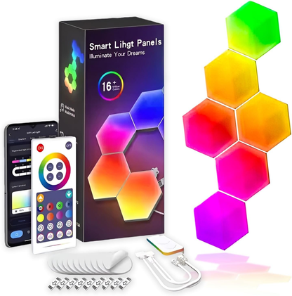 6 Pack Hexagon LED Wall Lights, Smart RGB Honeycomb Lights with APP & Voice Control, Music Sync Modular LED Panels for Gaming Room, Bedroom & Home Theater Decor