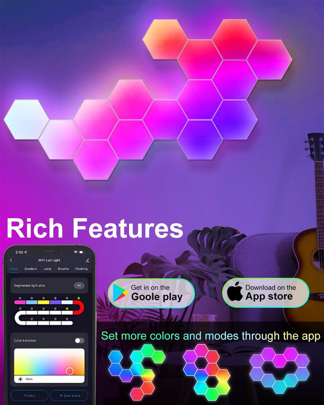 8 Pack Hexagon LED Wall Lights, Smart RGB Honeycomb Lights with APP & Voice Control, Music Sync Modular LED Panels for Gaming Room, Bedroom & Home Theater Decor