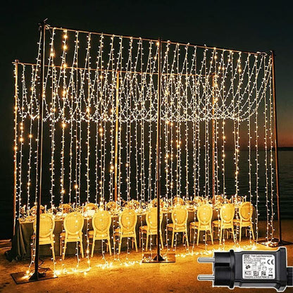 600 LED Waterproof Curtain Fairy Lights 8 Modes Warm White, 6 x 3 m
