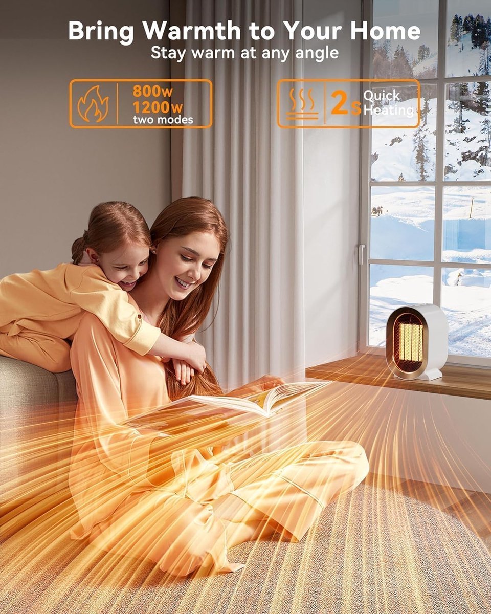 Electric Heater - Indoor Electric Heating - Fan Heater - 800W or 1200W - Heater - Socket - Ceramic Heater - Portable Indoor Heaters - With Adjustable, Overheating Protection, Shut-off Upon Discharge - White