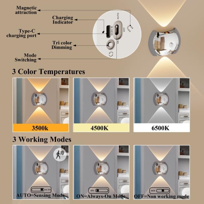 Indoor Wall Lamp - Night Light with Motion Sensor - Wireless LED Wall Light - Rechargeable Wall Lamp - Stair Lighting - Closet Lighting - Bedroom Lamp - USB Rechargeable - Magnetic -Warm White Light - Light Wood - 1 Piece