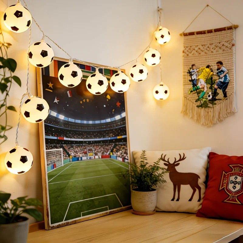 Football Shaped LED String Light, Warm Yellow Soft Glow, Cozy Decoration for Bedroom and Party. Battery Powered, 1.5 Meters with 10 Lights.