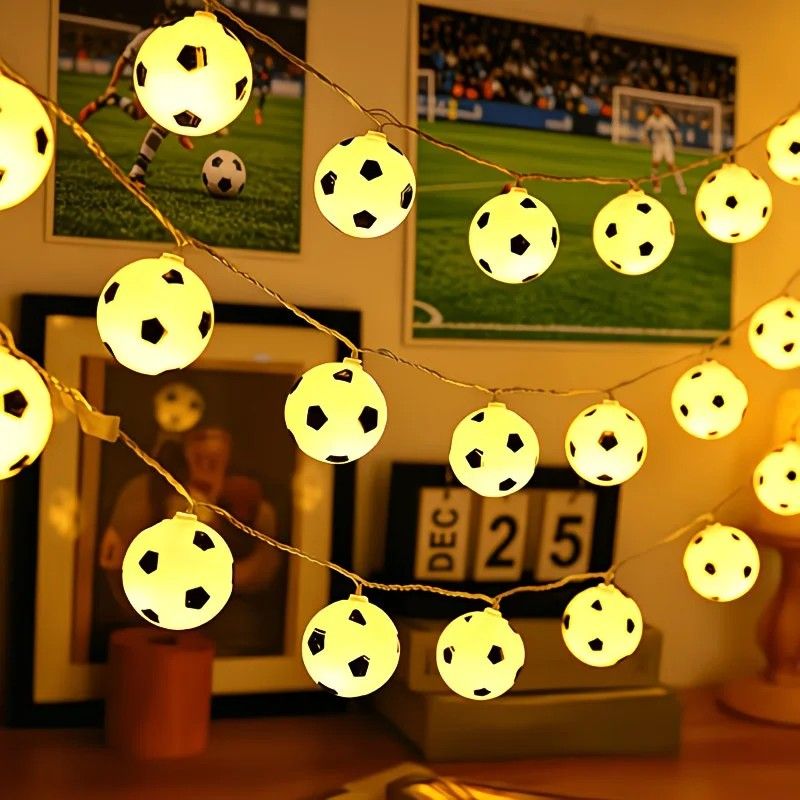 Football Shaped LED String Light, Warm Yellow Soft Glow, Cozy Decoration for Bedroom and Party. Battery Powered, 1.5 Meters with 10 Lights.