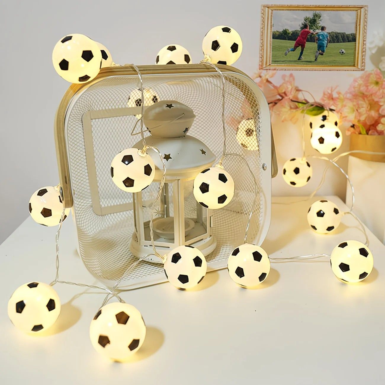 Football Shaped LED String Light, Warm Yellow Soft Glow, Cozy Decoration for Bedroom and Party. USB Powered, 3 Meters with 20Lights.