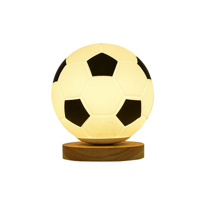 Soccer Remote Control LED Night Light Solid Wood Glass Small Table Lamp Remote Dimming Bedside Bedroom Study Decoration