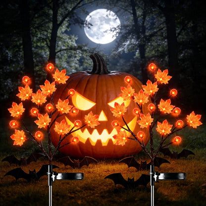 Solar Maple Leaf Branch Lights with 20 Warm LEDs, 8 Lighting Modes & IP65 Waterproof, Auto On/Off Garden Pathway Decor for Fall Harvest and Halloween Ambiance (2PCS, Pumpkin-Small  Maple)