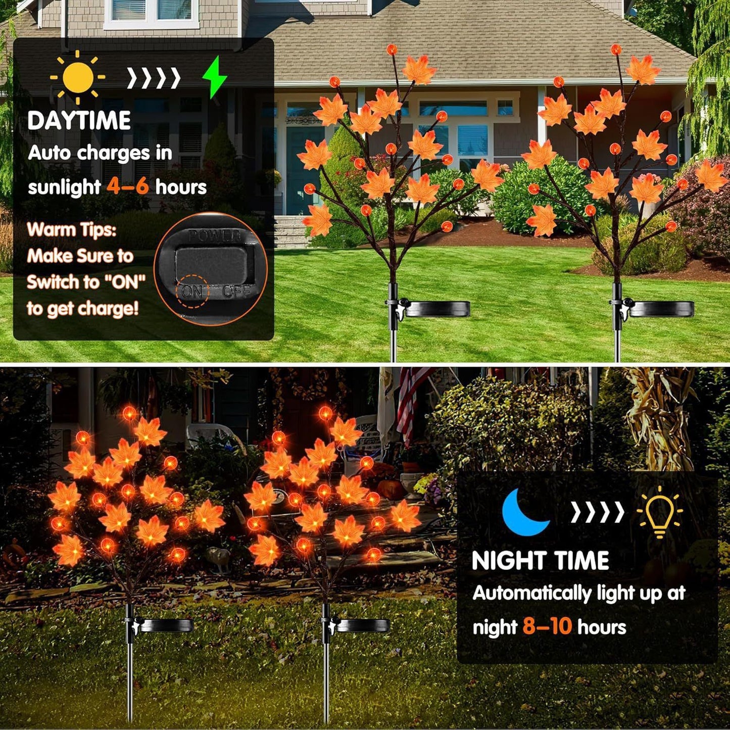 Solar Maple Leaf Branch Lights with 20 Warm LEDs, 8 Lighting Modes & IP65 Waterproof, Auto On/Off Garden Pathway Decor for Fall Harvest and Halloween Ambiance (2PCS, Pumpkin-Small  Maple)