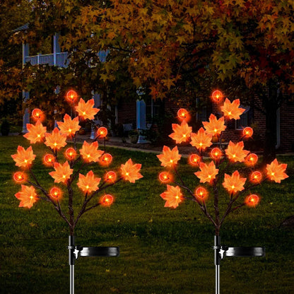Solar Maple Leaf Branch Lights with 20 Warm LEDs, 8 Lighting Modes & IP65 Waterproof, Auto On/Off Garden Pathway Decor for Fall Harvest and Halloween Ambiance (2PCS, Pumpkin-Small  Maple)