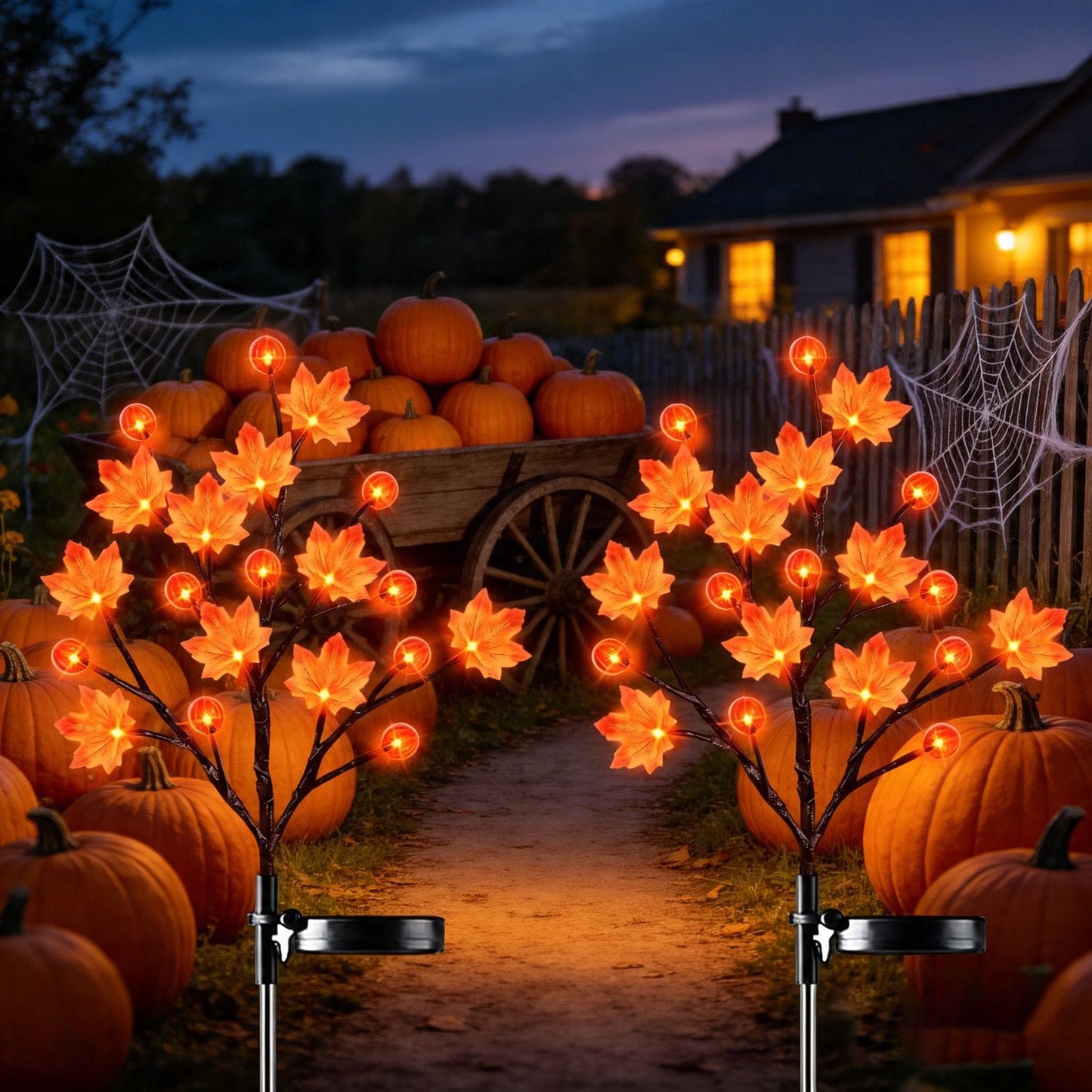 Solar Maple Leaf Branch Lights with 20 Warm LEDs, 8 Lighting Modes & IP65 Waterproof, Auto On/Off Garden Pathway Decor for Fall Harvest and Halloween Ambiance (3PCS, Pumpkin-Small  Maple)