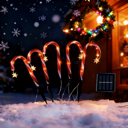 Solar Candy Cane Pathway Lights with Star Accents, 5-Pack Red & White Striped LED Stake Lights, Warm Glow for Christmas Yard, Garden and Holiday Party Display (2PCS)