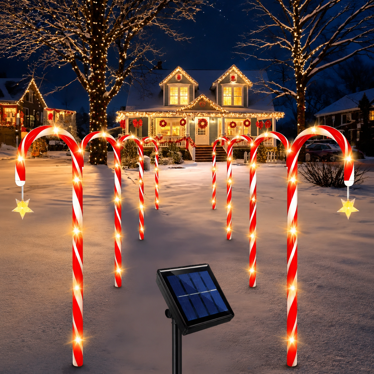 Solar Candy Cane Pathway Lights with Star Accents, 5-Pack Red & White Striped LED Stake Lights, Warm Glow for Christmas Yard, Garden and Holiday Party Display (3PCS)