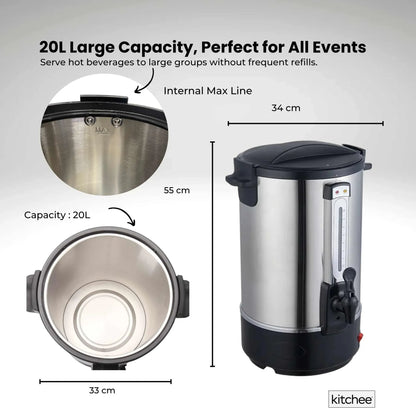 Kitchee 20L Electric Water Boiler - Stainless Steel Commercial Hot Liquid Urn