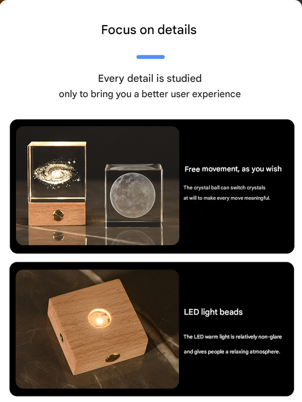 The Moon Luminous 3D Crystal Cube Night Light - Laser Engraved Artwork with Solid Wood Base