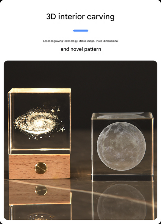 Saturn Luminous 3D Crystal Cube Night Light - Laser Engraved Artwork with Solid Wood Base