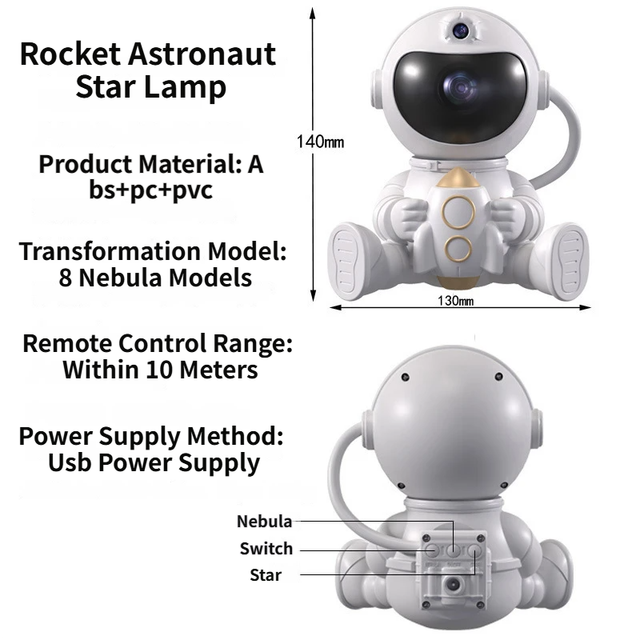 USB Powered Astronaut Nebula Projector & Starry Night Ambient Light with Star Accents - 8 Nebula Effects, 360° Rotating Head & Remote Control