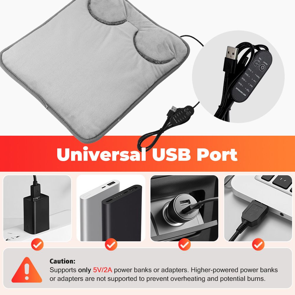 Grey Portable Versatile USB Electric Heated Seat Pad with 4 Temp Levels & 4 Auto-Shutoff Timer - Soft Fleece Washable Heating Mat
