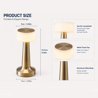 Copper Rechargeable Acrylic Shade UFO Table Lamp Touch Control LED Bedside Night Light, Cordless Ambient Desk Lamp for Bedroom Living Room Camping
