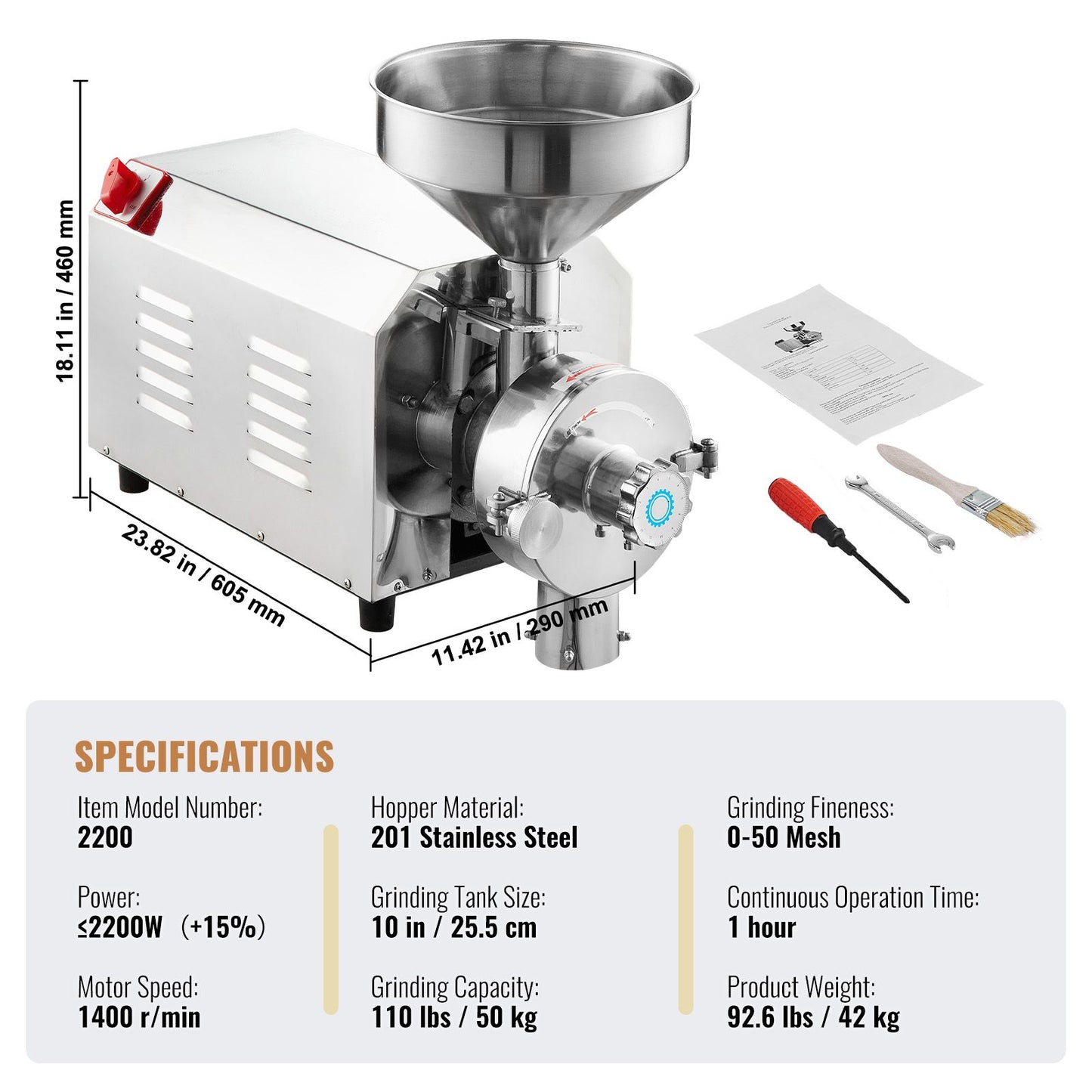 Grain Grind Mill Grain Grinding Machine 2200W Food Processing Machinery