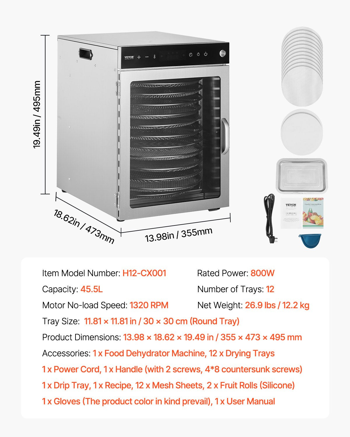 12 Trays Rotary Food Dehydrator Machine Stainless Steel 800W Fruit Drying