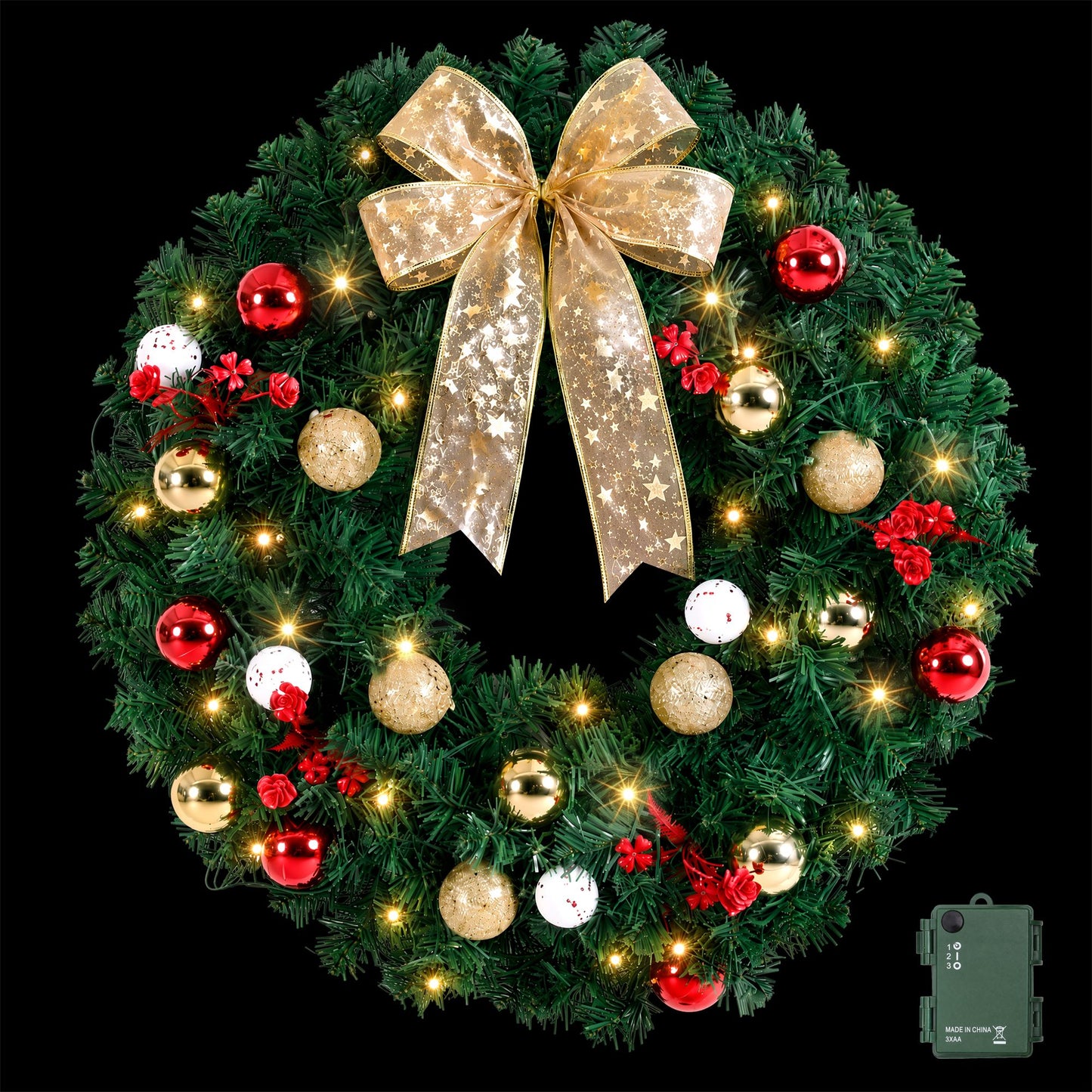 Jingle Jollys Christmas Wreath 60CM LED Garland Berries Bow Baubles Xmas Decor