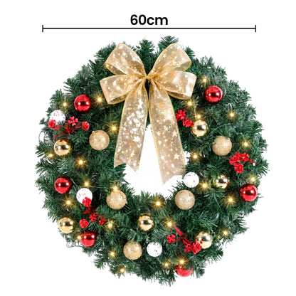 Jingle Jollys Christmas Wreath 60CM LED Garland Berries Bow Baubles Xmas Decor