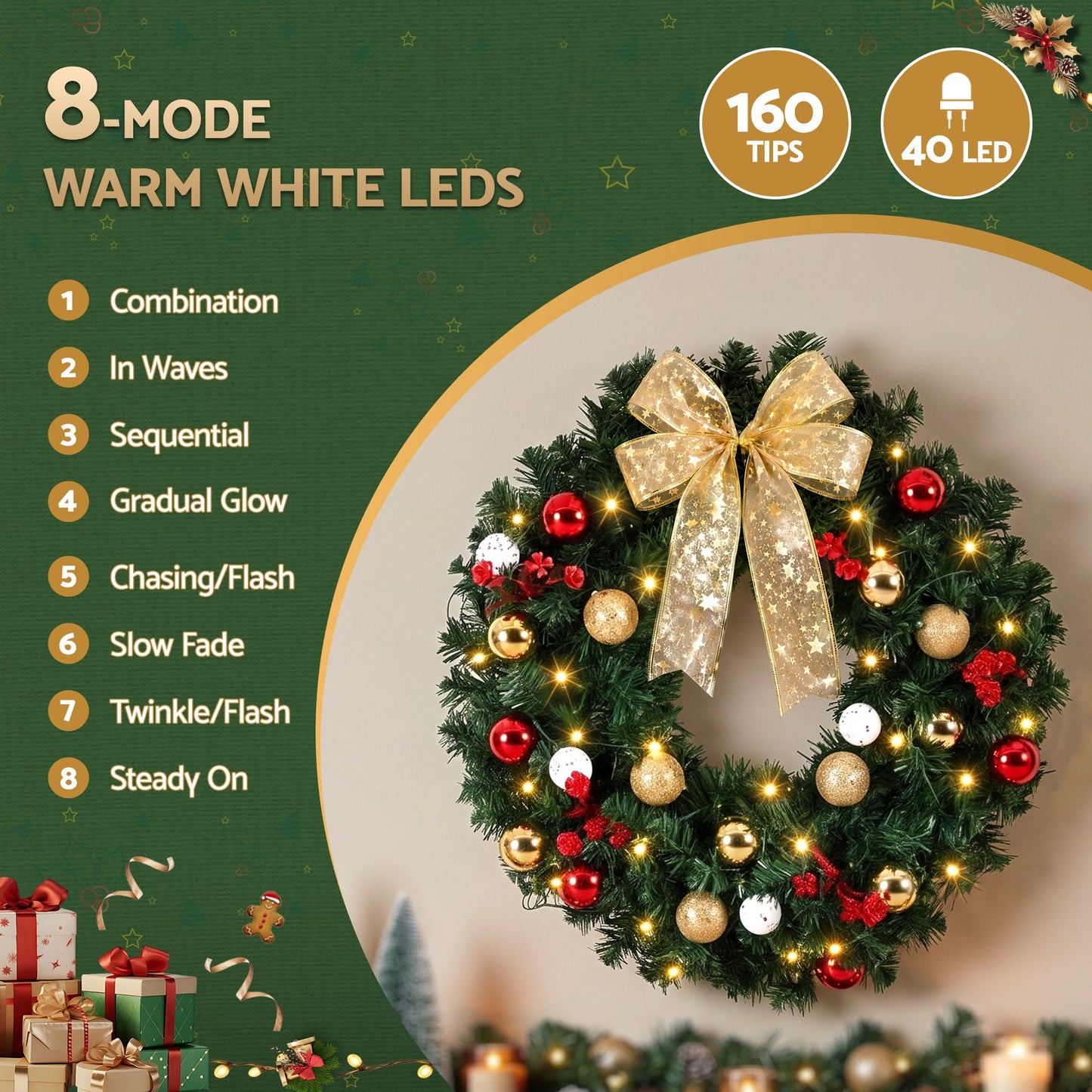 Jingle Jollys Christmas Wreath 60CM LED Garland Berries Bow Baubles Xmas Decor