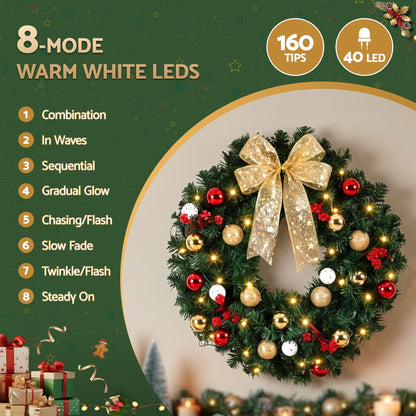 Jingle Jollys Christmas Wreath 60CM LED Garland Berries Bow Baubles Xmas Decor