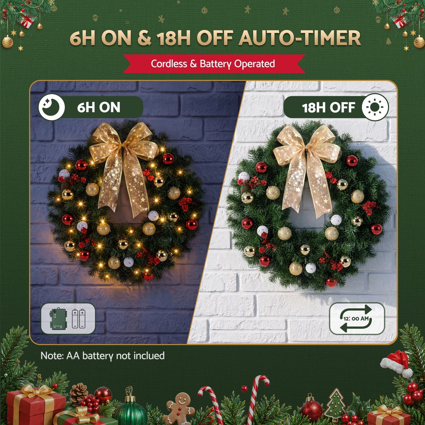 Jingle Jollys Christmas Wreath 60CM LED Garland Berries Bow Baubles Xmas Decor