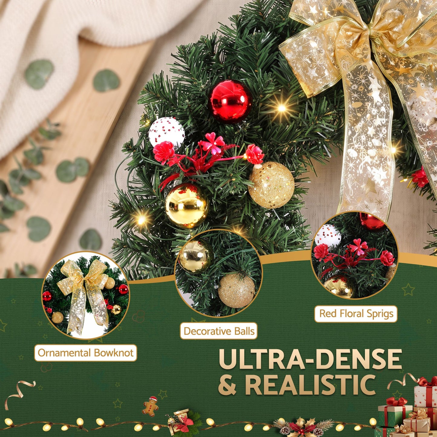 Jingle Jollys Christmas Wreath 60CM LED Garland Berries Bow Baubles Xmas Decor