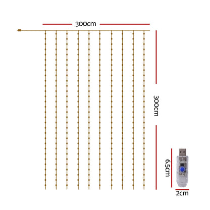Jingle Jollys 3X3M Christmas Lights Curtain String Light 300 LED Cool White