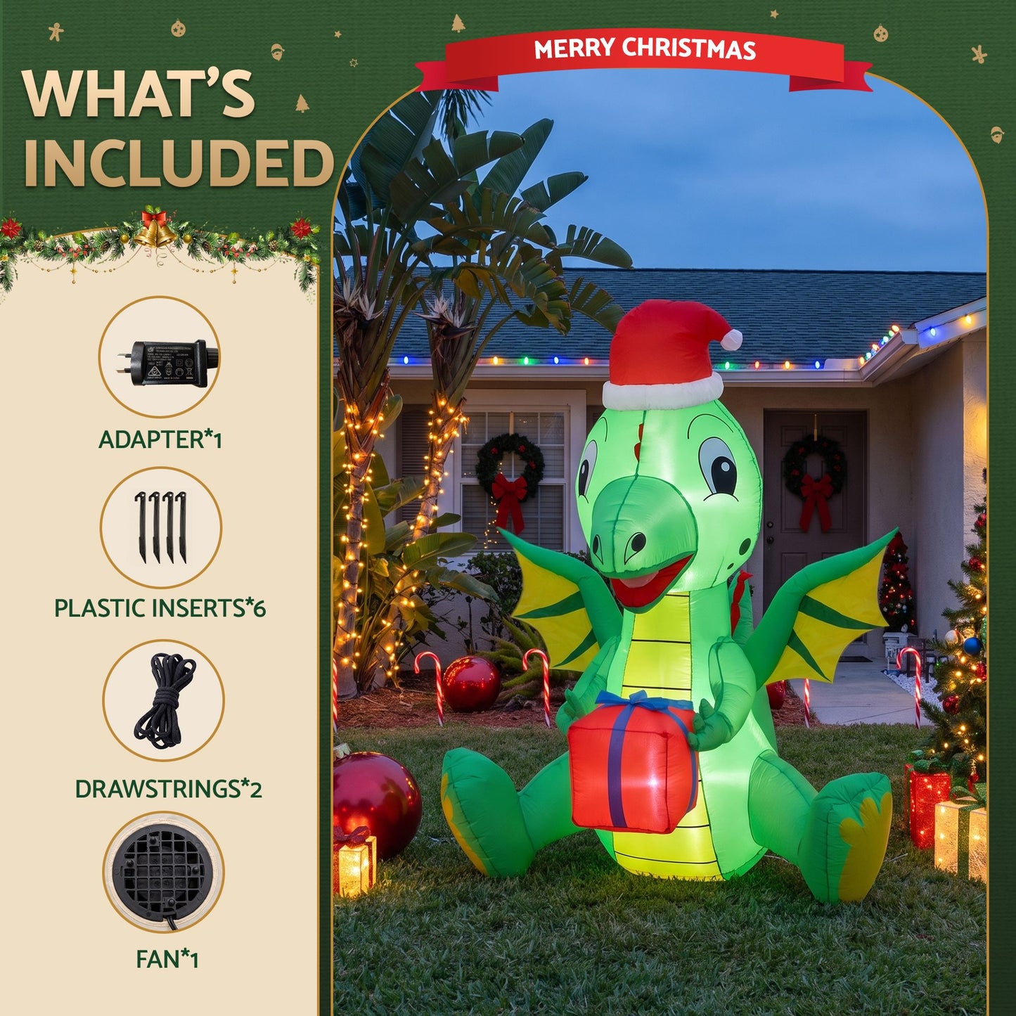 Jingle Jollys Christmas Inflatable Dragon 1.8M Height LED Outdoor Decorations Illuminated