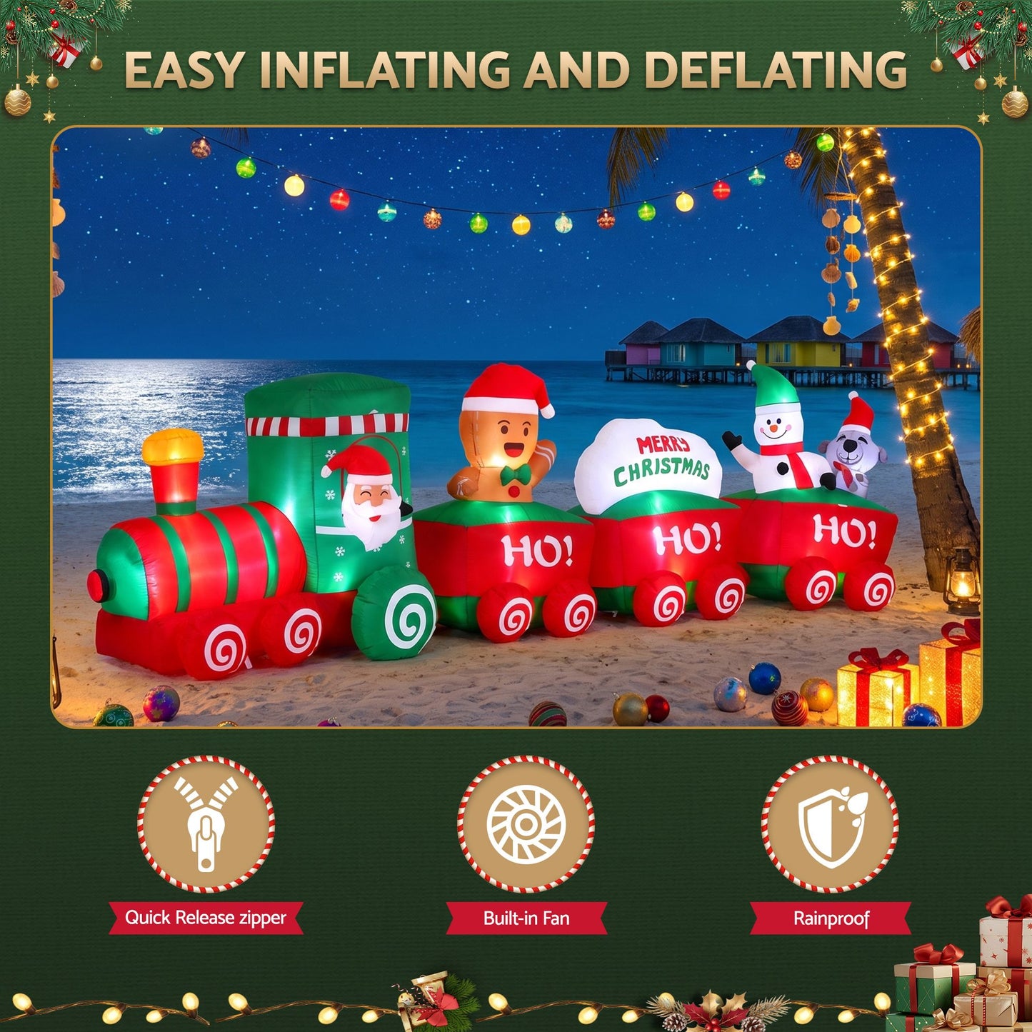 Jingle Jollys Christmas Inflatable Santa Train 3.6M Length LED Decorations Illuminated