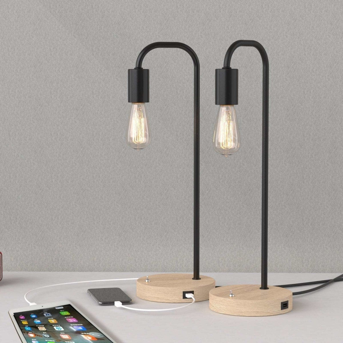 2PACK Nordic Style Table Lamps with 2 USB Ports Charging E27 Vintage EDISON Bulbs Included Dropli, Table Light, 2pack-nordic-style-table-lamps-with-2-usb-ports-charging-e27-vintage-edison-bul