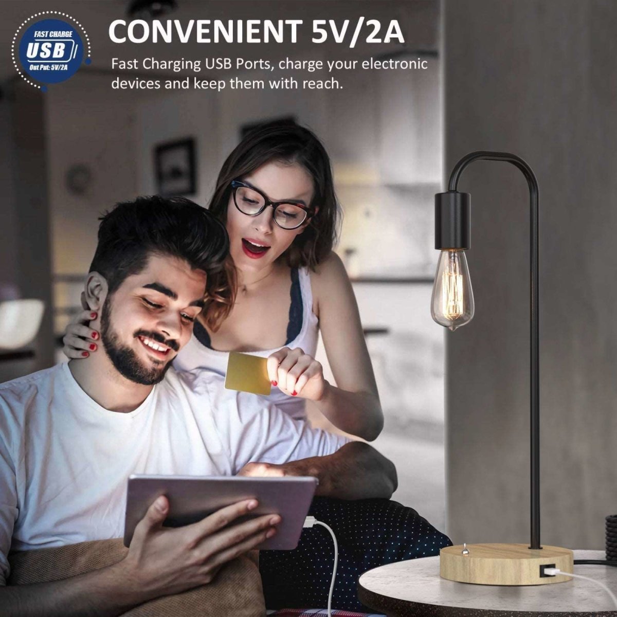 2PACK Nordic Style Table Lamps with 2 USB Ports Charging E27 Vintage EDISON Bulbs Included Dropli, Table Light, 2pack-nordic-style-table-lamps-with-2-usb-ports-charging-e27-vintage-edison-bul